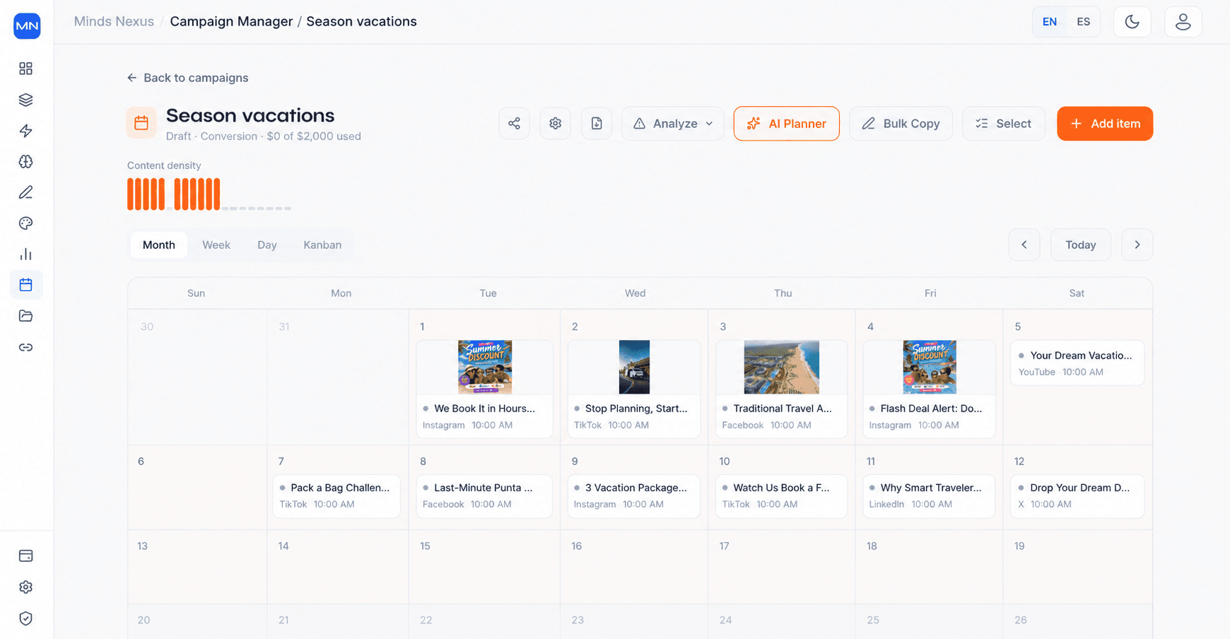 Campaign Manager — populated content calendar